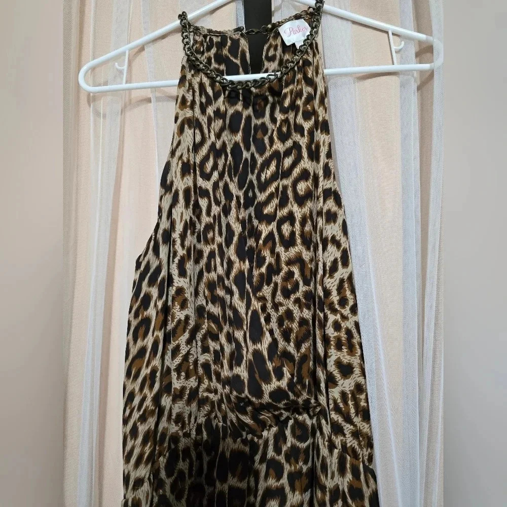 Parker 100% Silk Chain Collar Halter Mini Dress, Black & Tan Leopard Print, EUC! - Picture 5 of 10